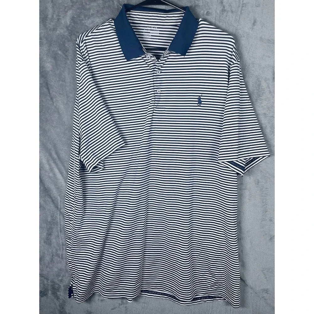 Polo Ralph Lauren Performance Men's Polo Shirt White Blue Striped Size XL